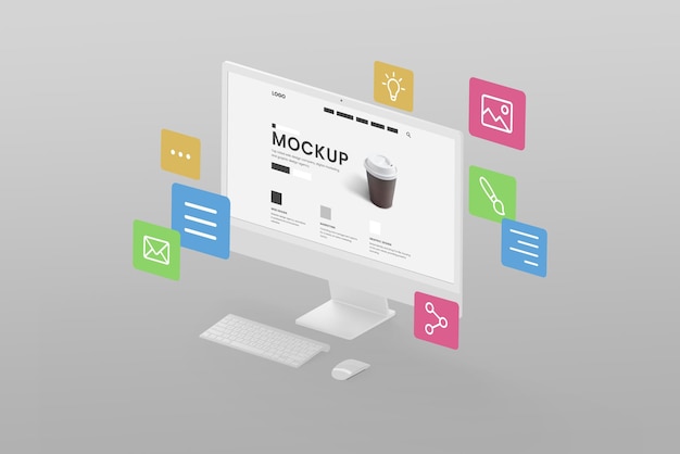 Display mockup in isometric position with web page modules flying around