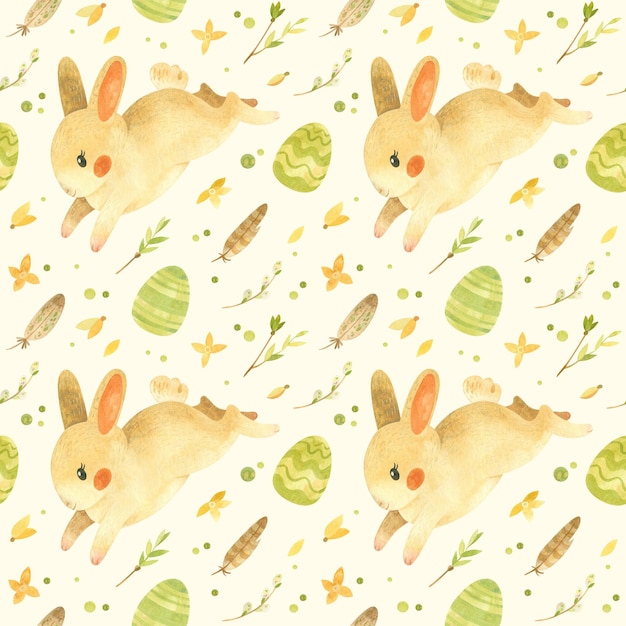Easter Seamless Pattern with Easter Bunny Rustic Cute Rabbit Eggs Feathers and Spring Flowers