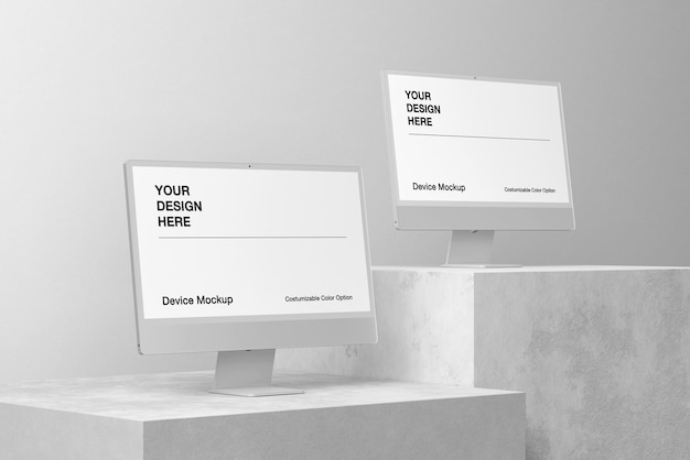 Editable concrete computer mockup on modern minimal background
