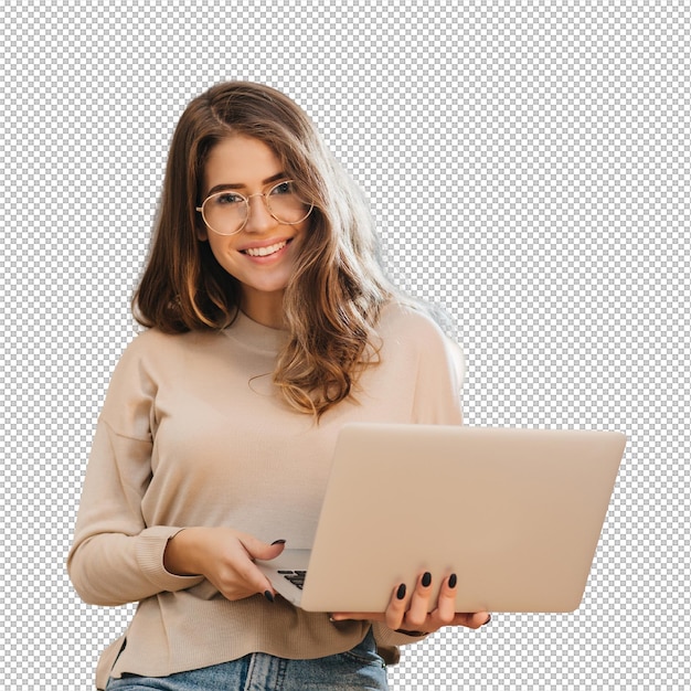 Elegant female student in glasses posing with pleasure holding laptop