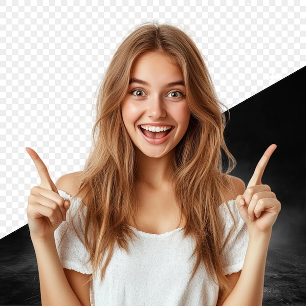 excited young woman pointing up