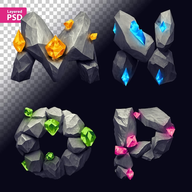 fantasy style letters made of hard stones and magical glowing gems.