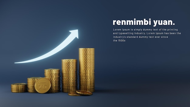 Financial growth in business concept with 3D realistic chinese yuan coins and shiny arrow up