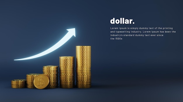 Financial growth in business concept with 3D realistic us dollar coins and shiny arrow up