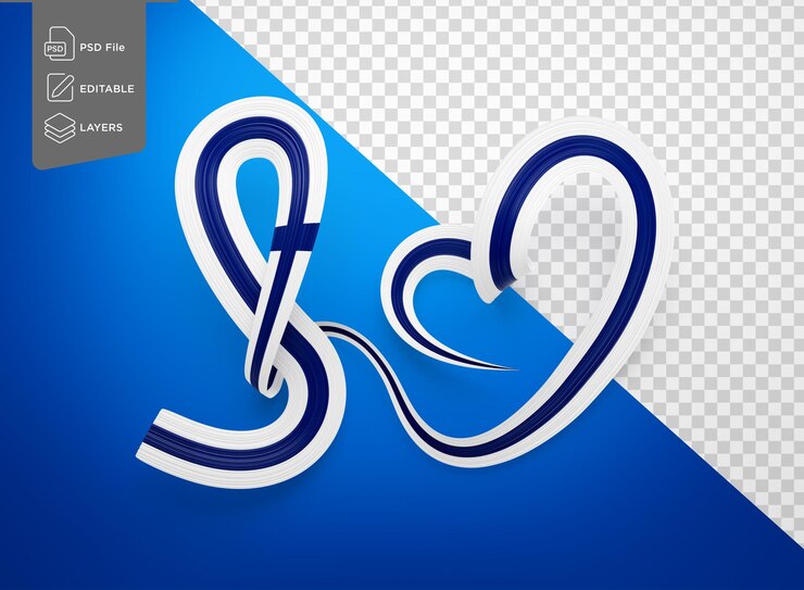 PSD flag of finland heart shape shiny wavy awareness ribbon flag on blue background 3d illustration