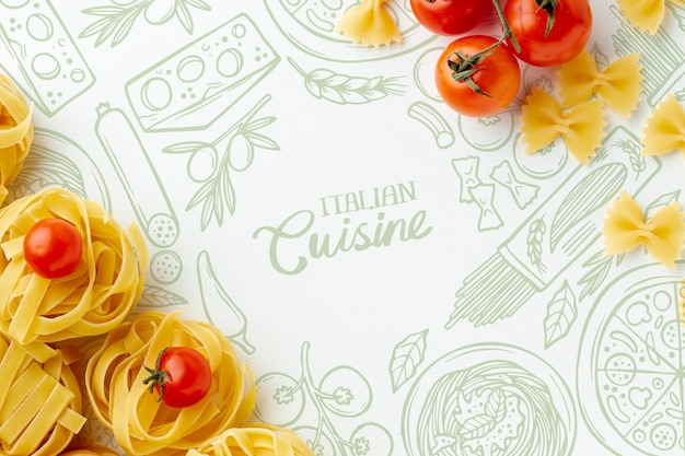 flat lay uncooked tagliatelle and tomatoes with hand drawn background
