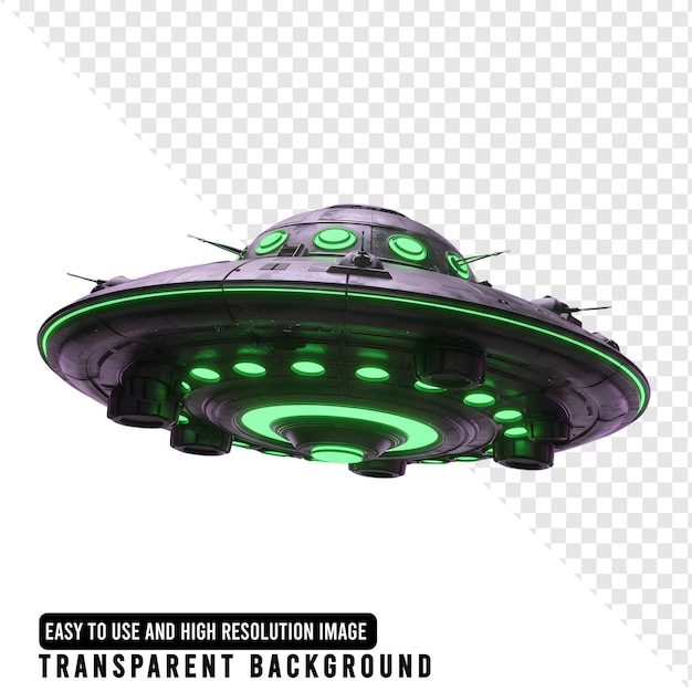 Futuristic UFO with glowing green lights on a transparent background