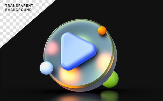 glass morphism video play icon with colorful gradient light on dark background 3d render concept