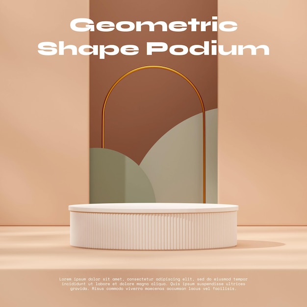 gold arch, brown and green wall 3d render mockup of white round cylinder podium in square