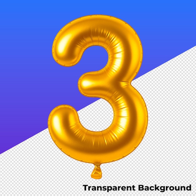 Golden number 3 balloon isolated on a transparent background