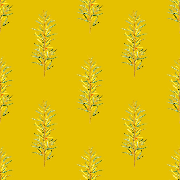 Golden wattle pattern Yellow background Acacia Seamless texture Watercolor flower Wrapping Fabric