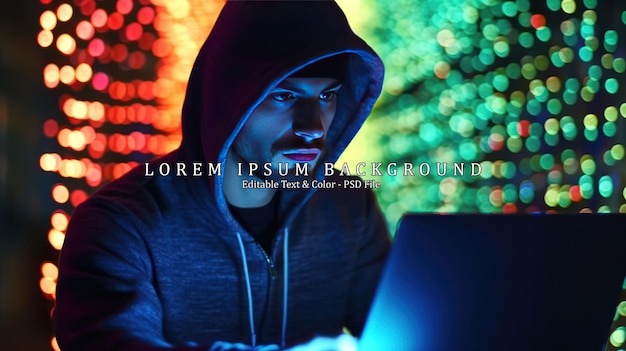 Hacker với máy tính xách tay có mã ma trận nhị phân trên màn hình