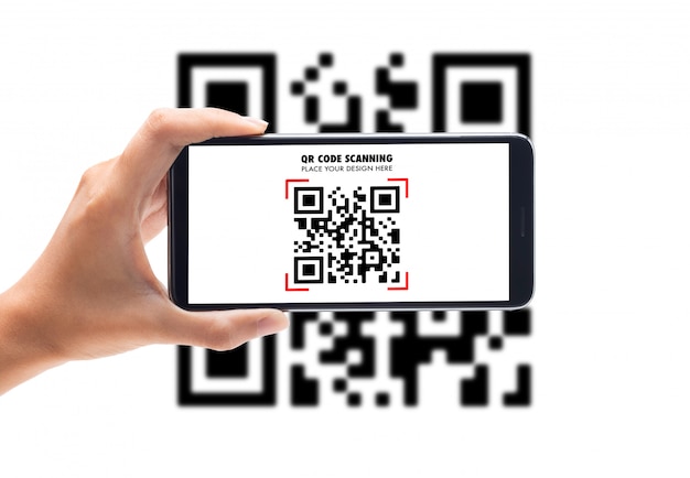 hand using mobile smart phone scan qr code mockup template for your design