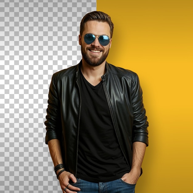 handsome man in leather jacket with sunglasses smiling background transparent