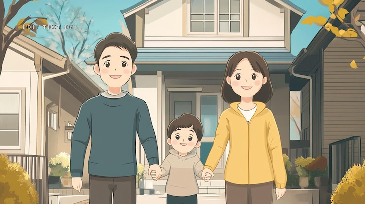PSD happy family of three standing in front of their house