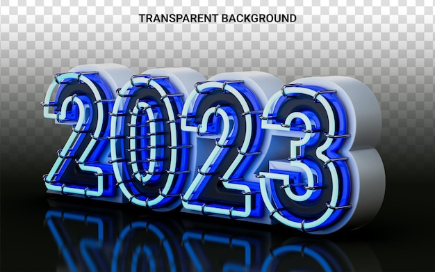 happy new year 2023 with neon blue light glow and glass effect on dark background 3d render concept