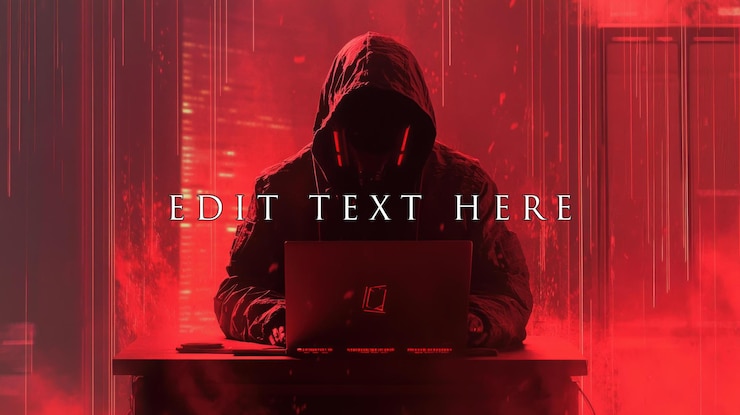 PSD hooded figure using laptop in redlit room mysterious and dark atmosphere