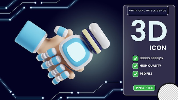 Human handshake with AI robot 3d artificial intelligence icon