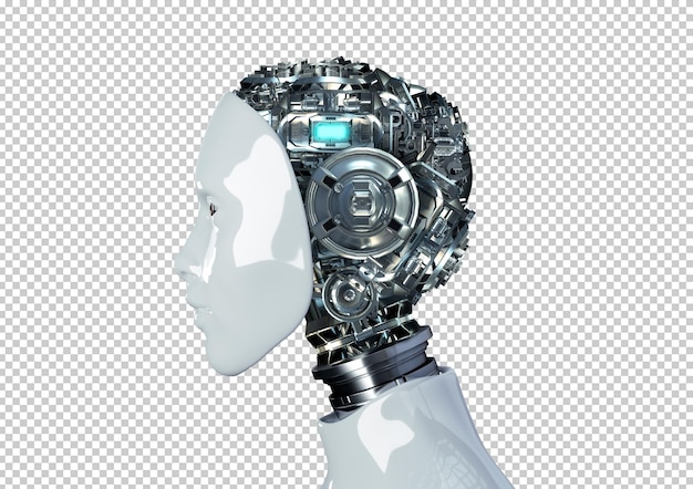 humanoid robot head with internal cyber mechanical artificial brain isolated