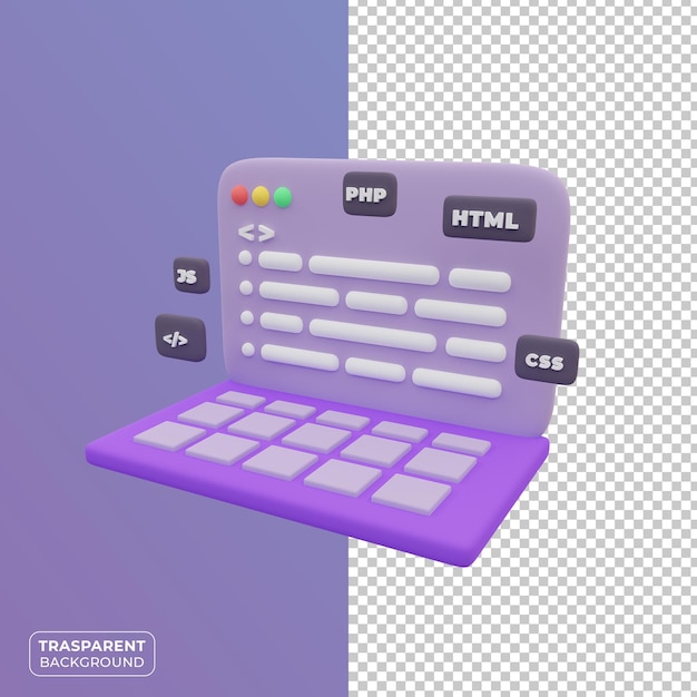 Illustration of programming on a laptop with multiple programming languages in 3d render