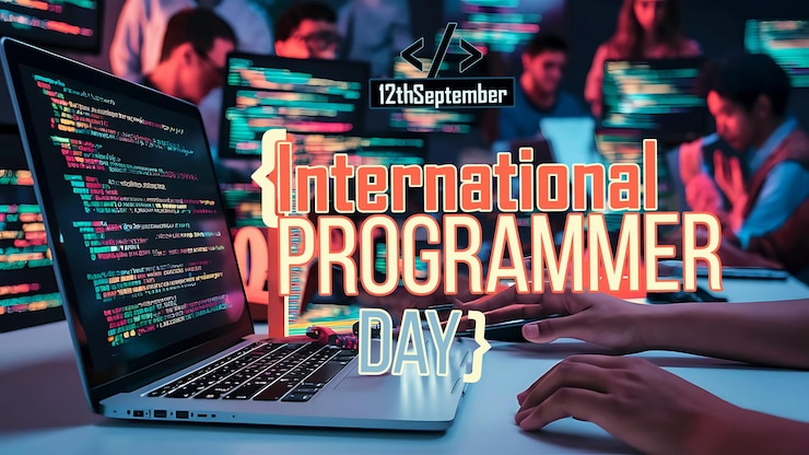 PSD international programmer day banner with pc background on september 12th