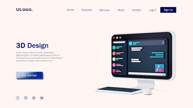 landing page template concept with computer desktop in 3d design