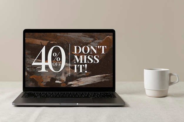 Laptop computer mockup psd modern home interior decor cup of coffee