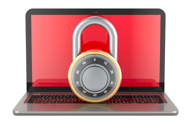 laptop computer with security padlock with rotating digit combination 3d rendering isolated on transparent background