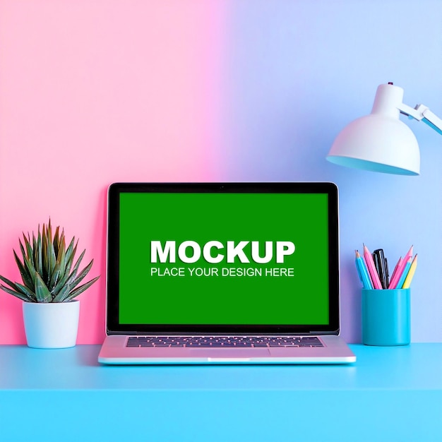 Laptop Mockup on a Colorful Desk with Stationery