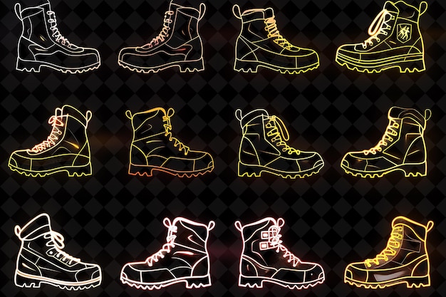 lines of hiking boot icons with pulsating luminescence and r creative set neon color y2k collection