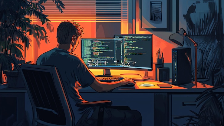 PSD man coding at desk during sunset