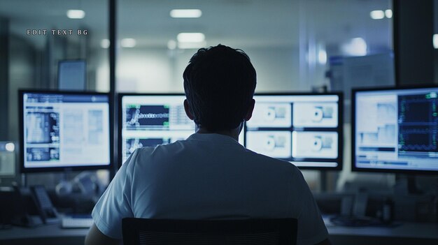 Man in a control room monitoring multiple computer screens at night