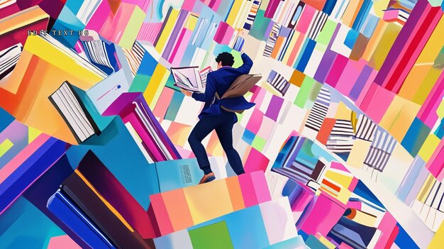 Man navigating a chaotic maze of colorful books searching for information