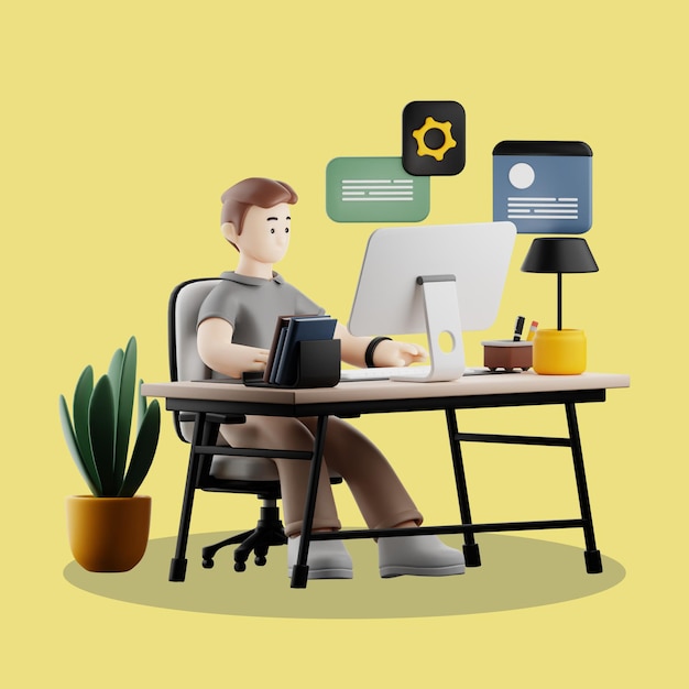 Man working at a computer in a 3D cartoon style home office