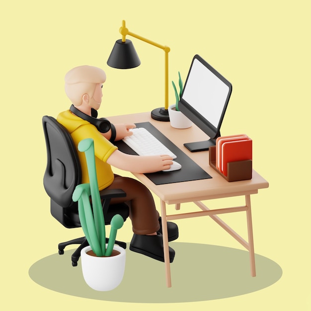 Man working from home at desk with computer lamp headphones and cactus