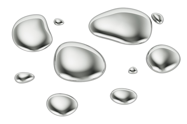 Melted silver drops 3D rendering isolated on transparent background