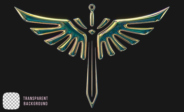 Metallic winged sword shape 3d rendering on transparent background