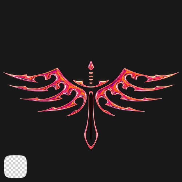 Metallic y2k winged sword shape 3d rendering on transparent background