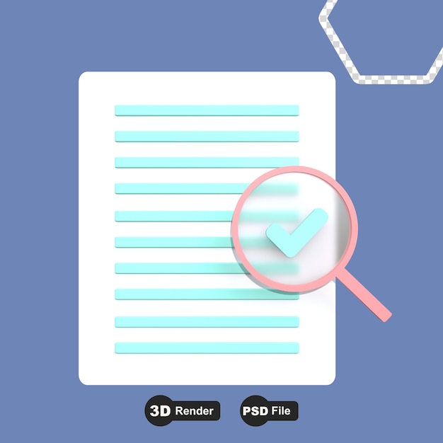 minimal clipboard with correct mark checklist on magnifying glass pink magnifier with a checklist on clipboard paper 3d rendering business assigment task list successfully completed surveycheclist