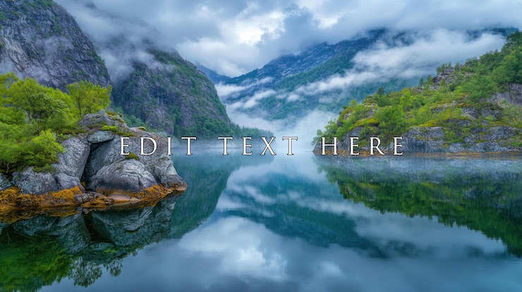 PSD misty fjord landscape with calm water reflecting mountains and clouds