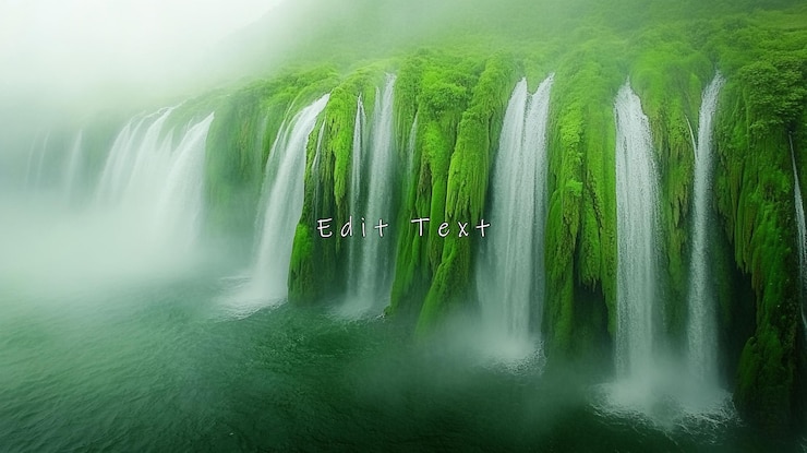 PSD misty green waterfall cascading down mossy cliffs into calm water