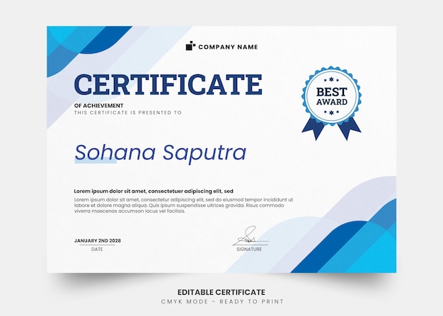 Modern certificate with simple wave blue gradient editable template