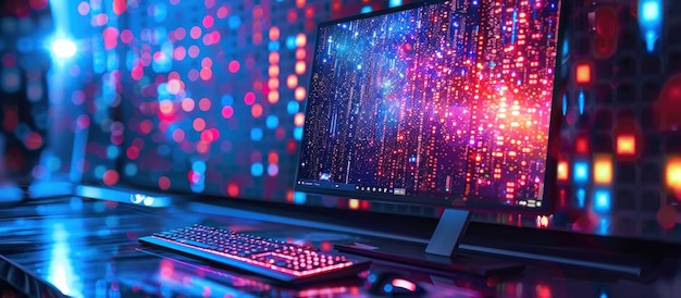 Modern computer desk setup with a black keyboard mouse and a monitor displaying a colorful abstract digital background