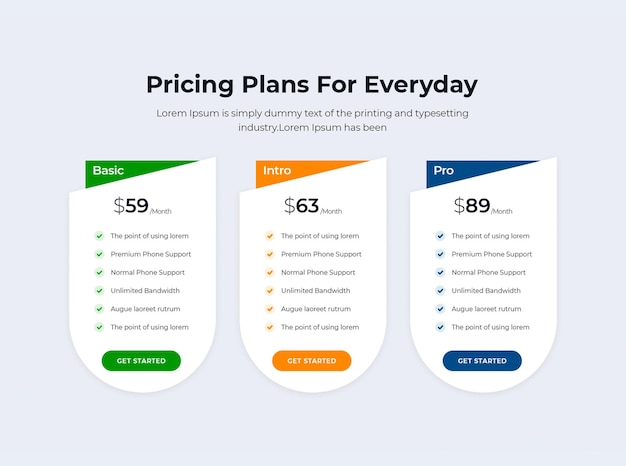 modern creative pricing table