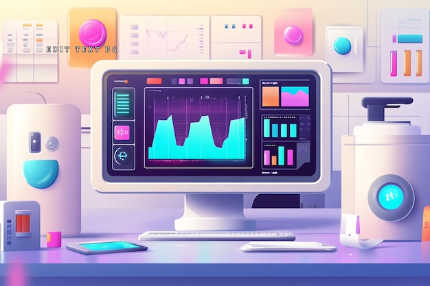 modern workspace with computer displaying data analytics graphs and charts