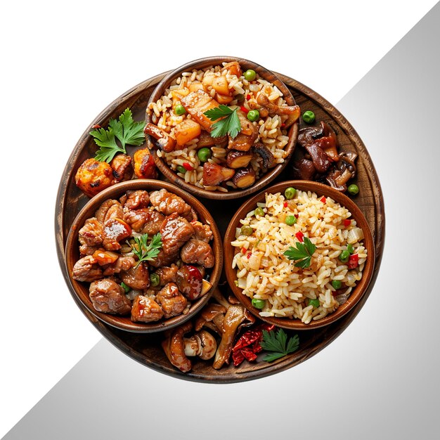 một bát cơm với cơm, cơm và một phần cơm ăn kèm