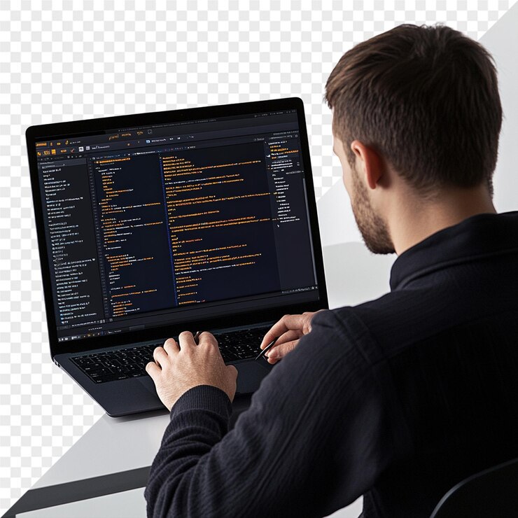 PSD một người đàn ông đang làm việc trên máy tính xách tay với từ “code” trên màn hình