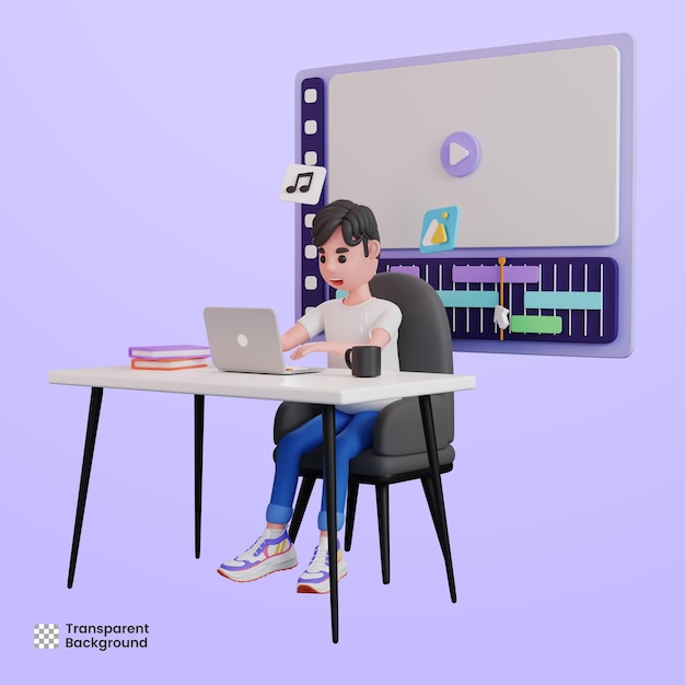 Nhân vật nam 3D làm việc với vai trò là trình sửa video