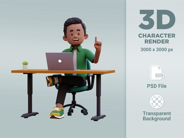 Nhân vật nam 3D nảy ra ý tưởng khi đang làm việc trên máy tính xách tay