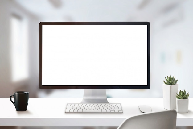 Office work desk with cup off coffee, keyboard, mouse, and plants, screen mockup
